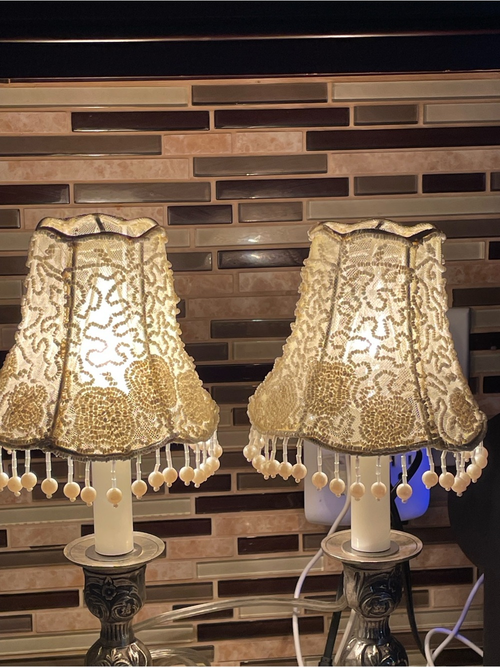 Vintage Pair of Boudoir Lamps with Lace Beaded Shades, Victorian Style Lighting